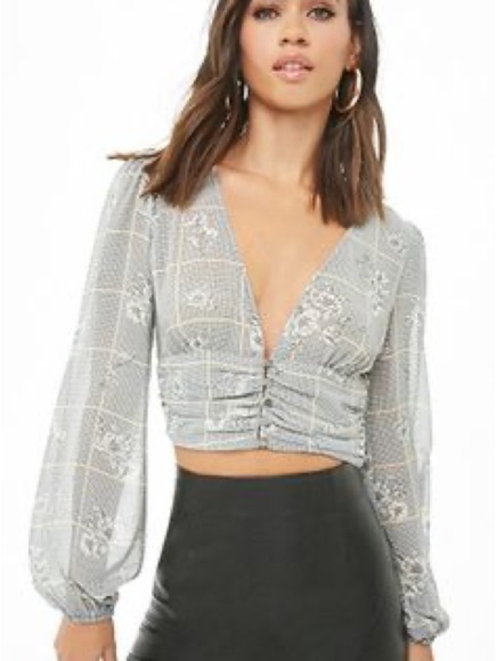 Forever 21 Light Gray Lace Ruched Floral V-Neck Crop Top